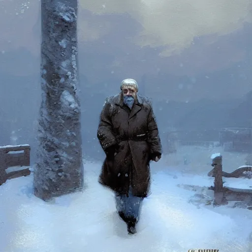 Prompt: Old Russian man in the snow, artwork by Craig Mullins,Movie poster, detailed, trending on artstation