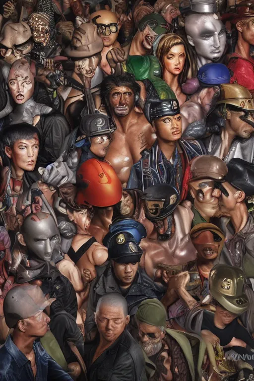 Prompt: place full of tunnel rats - pop art, hyperrealistic, detailed by artgerm and richard hamilton and mimmo rottela and bob rafei and kazuma kaneko and bengus and yoshitaka amano, face features, human anatomy features, sharp focus, realistic detail human composition, anatomy models details, multicultural race