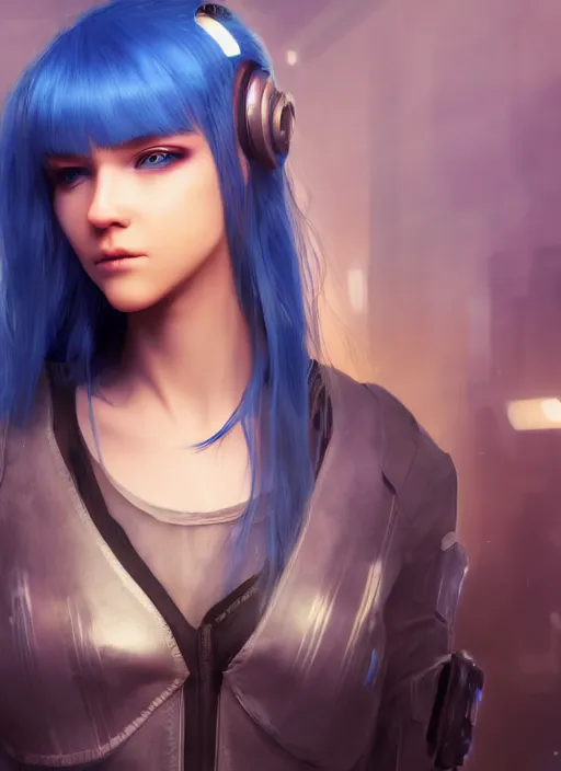 Image similar to beautiful young cyberpunk girl with blue hair, blue eyes, au naturel, holding her hands out, digital art, trending in artstation, cinematic lighting, studio quality, smooth render, fluorescent skin, unreal engine 5 rendered, octane rendered, art style by klimt and nixeu and ian sprigger and wlop and krenz cushart