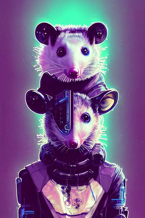 Image similar to a beautiful portrait of a cute cyberpunk opossum by sandra chevrier and greg rutkowski and wlop, purple blue color scheme, high key lighting, volumetric light, digital art, highly detailed, fine detail, intricate, ornate, complex, octane render, unreal engine, photorealistic