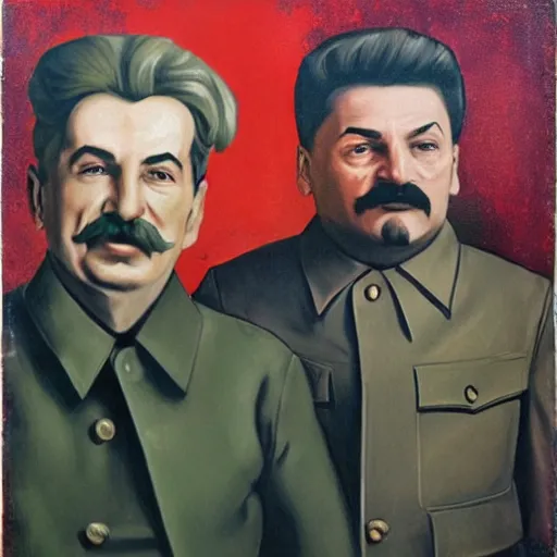 Prompt: Stalin and Lenin in gay-bar, Realistic contemporary Art