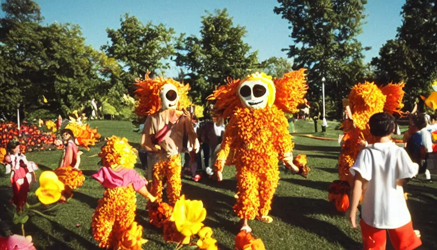 Prompt: 1990s candid photo of a beautiful day at the park, cinematic lighting, cinematic look, golden hour, large personified costumed flower people in the background, Enormous flower people mascots with scary faces chasing kids, kids talking to flower people that are really scary and ruining the day, UHD