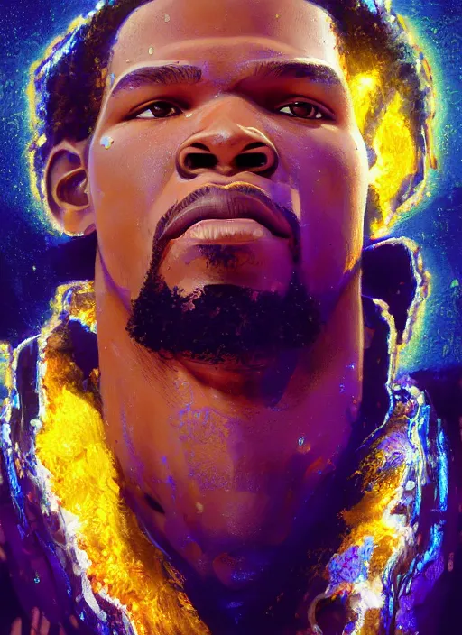 Image similar to kevin durant, evangelion, au naturel, hyper detailed, digital art, trending on artstation, cinematic lighting, studio quality, smooth render, unreal engine 5 rendered, octane rendered, art style by klimt and nixeu and ian sprigger and wlop and krenz cushart