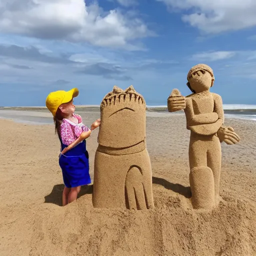 Image similar to photograph of 2 children making a sand sculpture representing a crab. seaside, beach. blue sky, some clouds, sun.