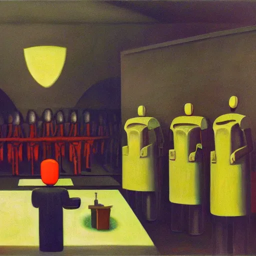 Image similar to drab human workers building robots, watched by evil fascist overlords, brutalist factory chapel, dystopian, pj crook, edward hopper, oil on canvas