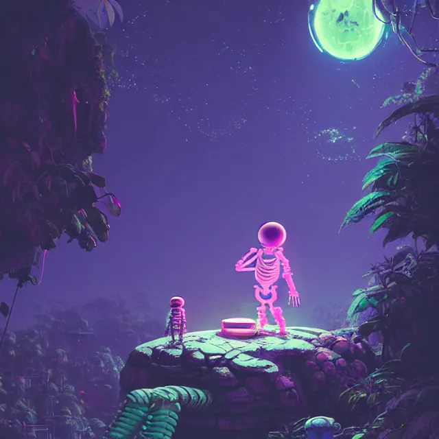 Prompt: a skeleton astronaut sitting on rock, surrounded by bio - luminescent, glowing peaceful serene sentient solarpunk, jungle. in the style of katamari damacy, scattered glowing pink fireflies, soft vaporwave liminal aesthetic. 3 d blender by tomer hanuka, greg rutkowski, beeple, sharp focus, digital painting, concept art