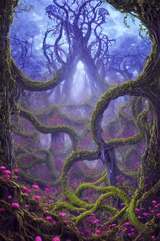 Image similar to a beautiful digital illustration painting of a detailed gothic fantasy vines and roots, blue mushrooms, flowers by benoit b. mandelbrot, steven belledin, martin johnson heade, lee madgwick, caspar david friedrich, and david rios ferreira. 8 k resolution trending on artstation concept art digital illustration