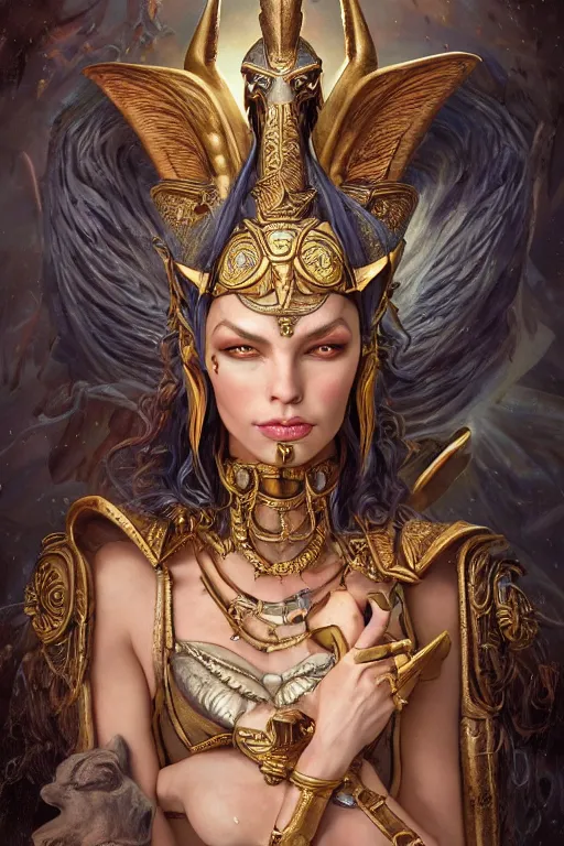 Prompt: Mystical Valkyrie, Portrait of a beautiful female Atlantean Alien Anubis Warrior, Realistic, Regal, Refined, Detailed Digital Art, François Boucher, Oil Painting, Michael Cheval, Esao Andrews, Steampunk, Walt Disney (1937), Highly Detailed, Cinematic Lighting, Unreal Engine, 8k, HD