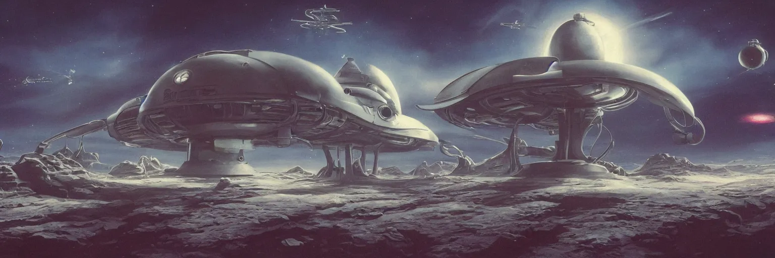 Image similar to By Jim bush and ed repka, air brush illustration, matte painting of a vintage alien ship landing on an alien planet, epic scope, retro futuristic, 80s, science fantasy, symmetry accurate features, very intricate details, artstation