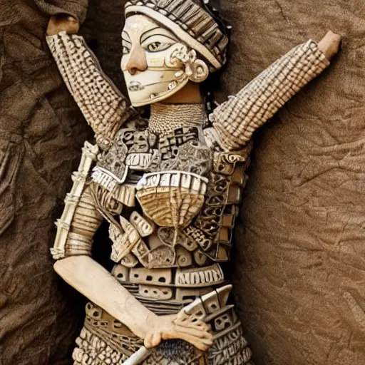 Image similar to a warrior woman, wearing intricate armor made of pottery pieces. photorealistic, intricate and detailed.