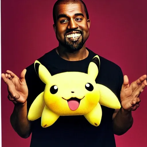 Image similar to kanye west smiling holding pikachu for a 1 9 9 0 s sitcom tv show, studio photograph, portrait c 1 2. 0