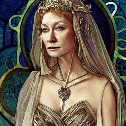 Image similar to helen mirren as galadriel, mucha style,