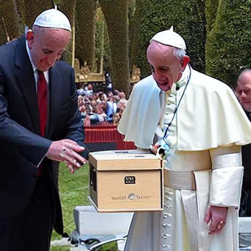 Prompt: Pope Francis unbox a new RTX Nvidia graphic card