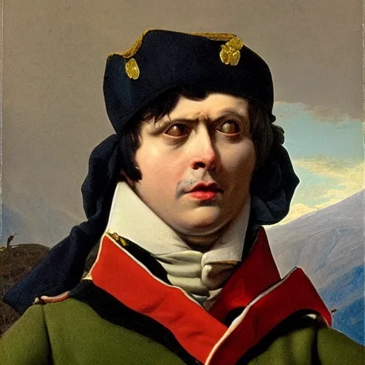 Prompt: Napoleon at the Saint-Bernard Pass by Jacques-Louis David with Gollum face