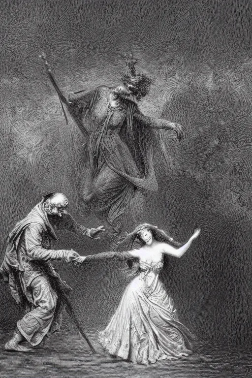 Image similar to A maiden dancing with the devil in the style of Gustave Dore