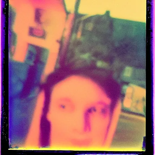 Prompt: selfie with an non existing angel in the busy street of Night Vale, sunset, violet tones, polaroid photo, by Warhol,