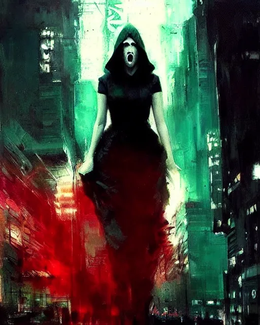 Prompt: Jeremy Mann art, artgerm, cinematics lighting, beautiful Anna Kendrick supervillain, green dress with a black hood, angry, symmetrical face, Symmetrical eyes, full body, flying in the air over city, night time, red mood in background