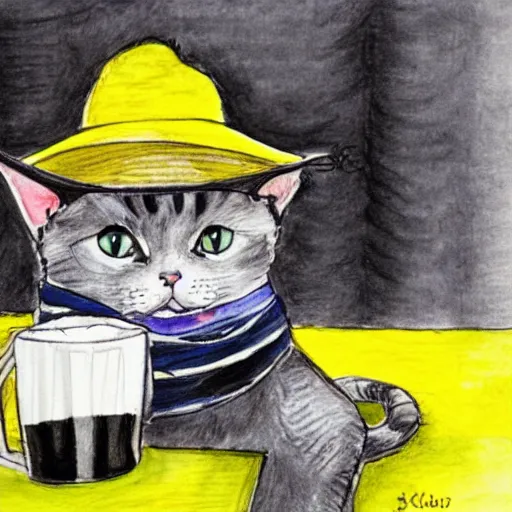 Image similar to a cat wearing a black bucket hat on its head and a scarf around its neck with black and yellow stripes while drinking a beer at an outdoor pub in stockholm, children\'s book drawing watercolor