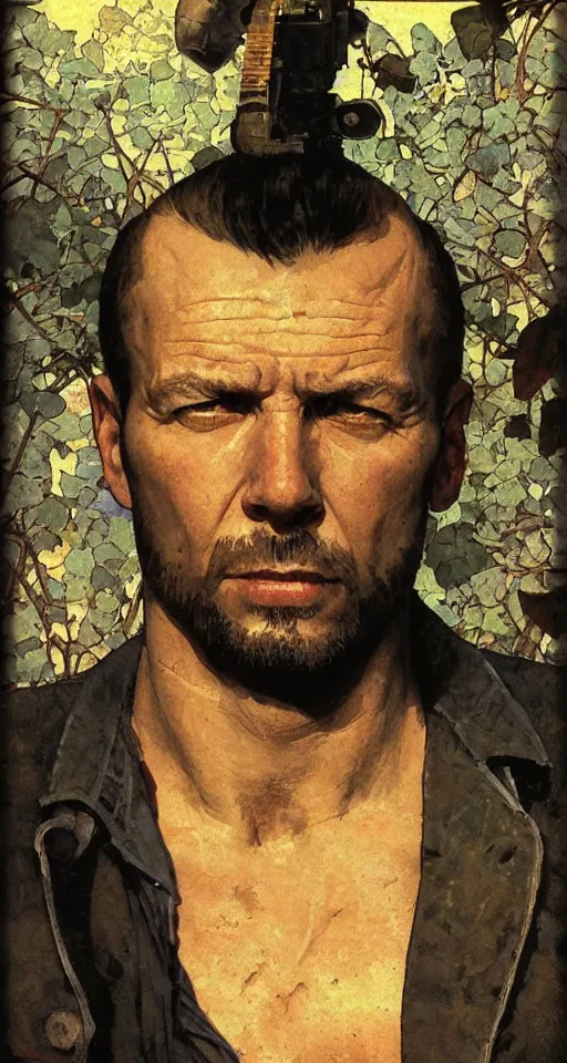 Image similar to close up max payne, sun shining, photo realistic illustration by greg rutkowski, thomas kindkade, alphonse mucha, loish, norman rockwell, in frame, symmetrical balance