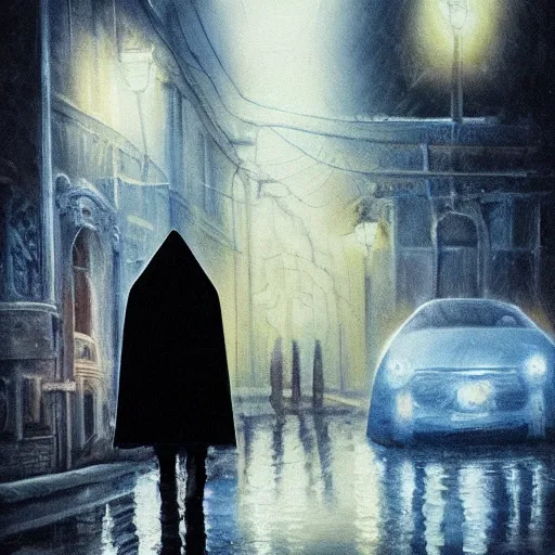 Prompt: ominous urine stained bedsheet ghost standing in front of a cars headlights late at night, oil painting, brush strokes, highly ornate intricate detail, gloomy mood,