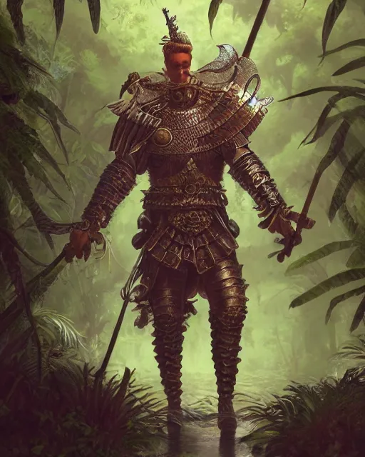 Image similar to ultra realistic illustration of a spanish conquistador wearing ornate armor in a dense foggy jungle environment by artgerm and miyazaki, octane, studio ghibli color scheme, intricate, portrait, anatomy, artstation, cinematic lighting, sharp focus, portrait, concept art, game art