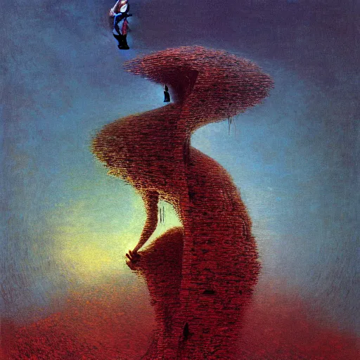 Image similar to A climber that codes A.I. - award-winning digital artwork by Beksinski, Dali, H. R. Giger, and Monet. Stunning lighting