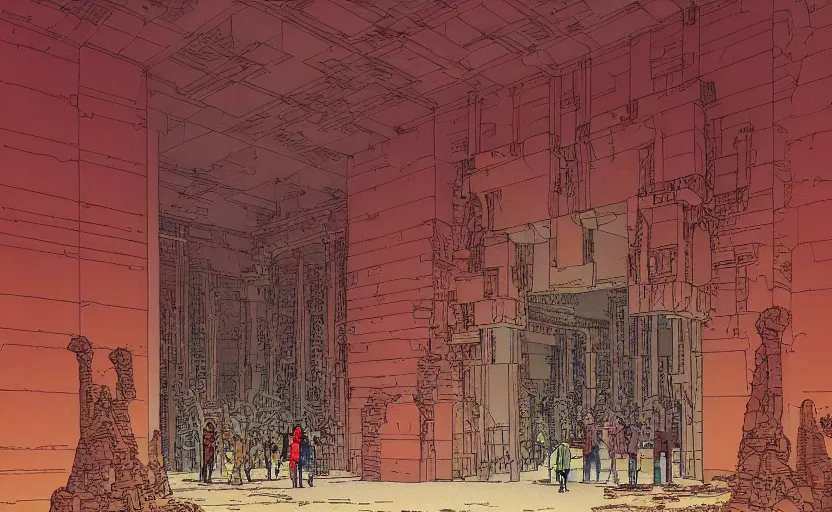 Image similar to the entrance into the giant temple of the future robot gods by moebius