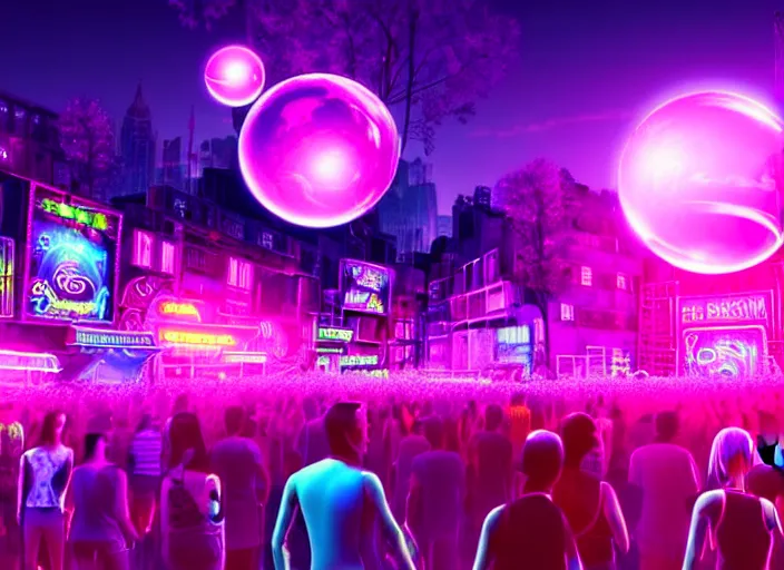 Prompt: a music festival in neon street in new york with street lights shining glowing orbs of pink light, highly detailed crowd of people, 5 dj stages in the style of tomorrowland, purple moon with powerful aura, massive scale, highly detailed, intricate fine lines, hd, unreal engine