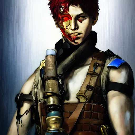 Image similar to portrait of a young white hero using his right arm to hold his sword covering his eye by yoji shinkawa, high quality, extra details, realism, ornate, colored, golden chain, blood, white skin, short hair, brown eyes, vivid, sunlight, headband, eyepatch, white american soldier, painting, proud, cybernetics, military