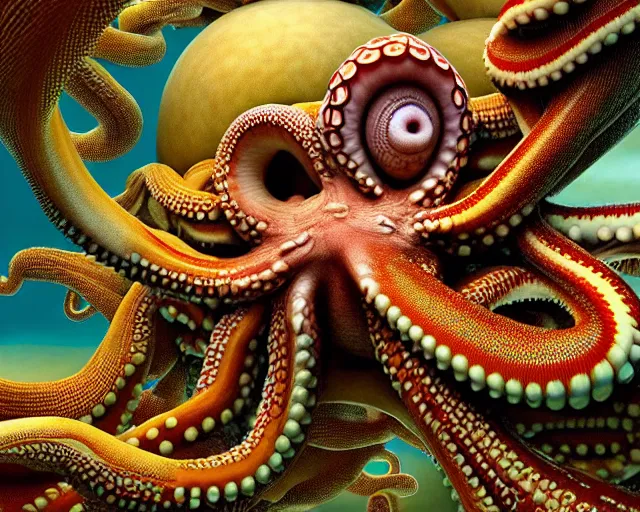 Image similar to hyperrealism photography in araki nobuyoshi dramatic scene from movie the big lebowski style computer simulation visualisation of detailed octopus riding eating human in the detailed ukrainian village in rendered in mandelbulb 4 d