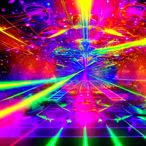 Prompt: Dance rave with psychedelic lasers and lighting, photorealistic digital art