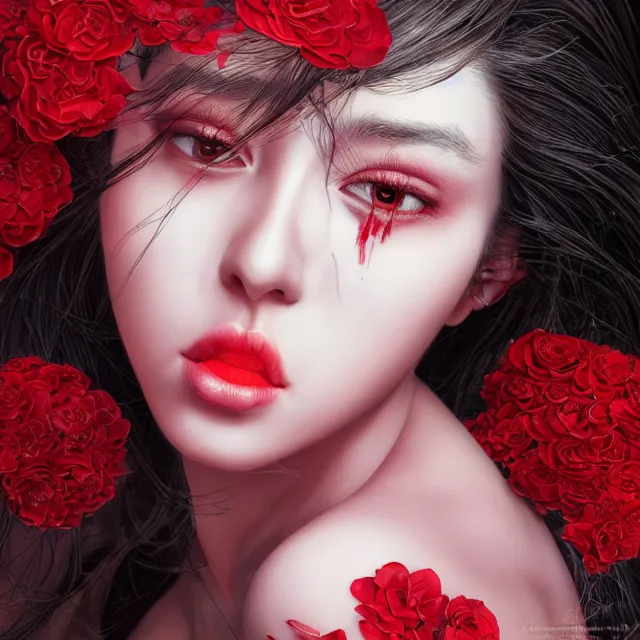 Image similar to studio portrait of an absurdly beautiful, elegant, young hypercolorful sensual gravure idol rubies and red petals, ultrafine hyperrealistic detailed face illustration by kim jung gi, irakli nadar, intricate linework, sharp focus, bright colors, matte, octopath traveler, final fantasy, unreal engine highly rendered, global illumination, radiant light, intricate environment