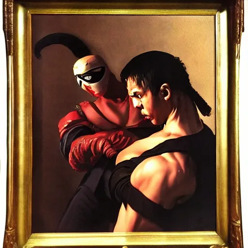 Prompt: woman bewildered by a mortal kombat warrior, by caravaggio