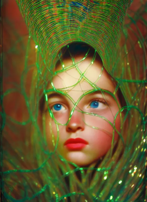Image similar to realistic photo of a a blurred face of a girl, covered in plastic iridescent vines 1 9 6 0, life magazine photo, natural colors, metropolitan museum, kodak, 8 k, very detailed, high resolution, product photo,