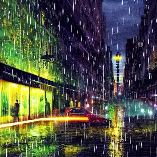 Prompt: matrix city night rain,