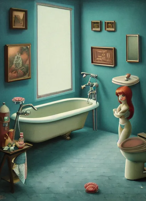 Prompt: highly detailed wide - angle portrait of a retro 1 9 6 0 s bathroom, nicoletta ceccoli, mark ryden, lostfish, earl nore, hyung tae, frank frazetta, global illumination, god rays, detailed and intricate environment