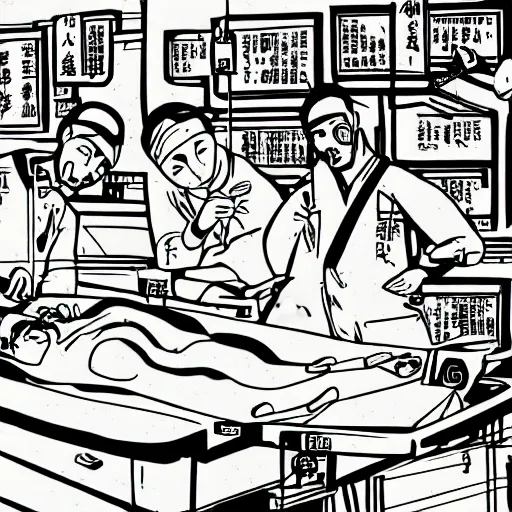 Prompt: chinese surgery operating table, in the style of daniel johnston and outsider art, 8k, line brush, overlaid with traditional chinese adverts