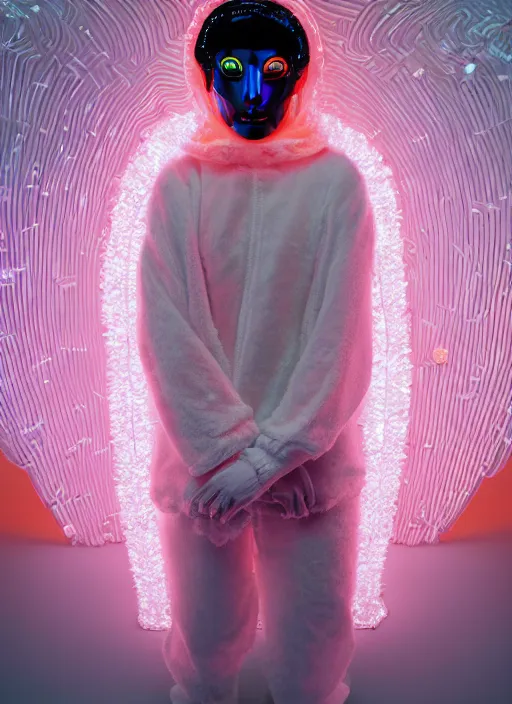 Image similar to photo of fullbodied baroque and bladerunner delicate neon diamond sculpture of seductive ceramic albino marble prince andres sanjuan dotado creamy orange iridescent humanoid deity wearing white fluffy hoody holding diamond skull in a black metallic dungeon, reclining, glowing rainbow face, crown of white diamonds, cinematic lighting, photorealistic, octane render 8 k depth of field 3 d