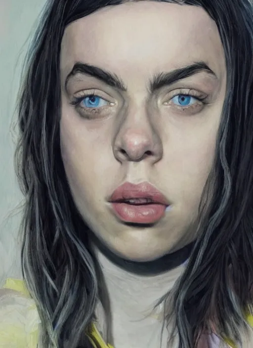 Prompt: realistic oil painting highly detailed billie eilish looking at you, dark background