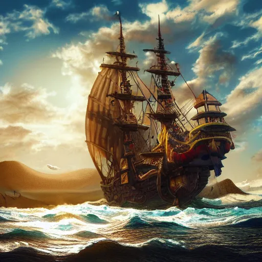 Image similar to A Wide Shot artistic masterpiece of a giant pirate ship, sun, clouds, ocean, 4k, ultra detailed, artstation