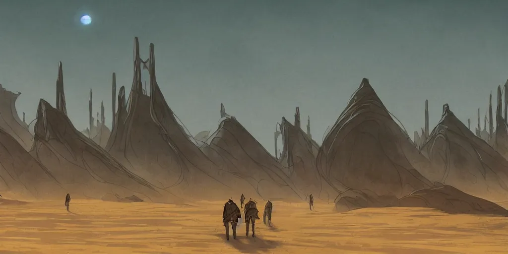 Prompt: dune city with trees and water, and temples of arrakis, arrakeen, arab ar architectural and brutalism and gigantism, from frank herbert novels, composition idea concept art for movies, style of denis villeneuve and greg fraiser