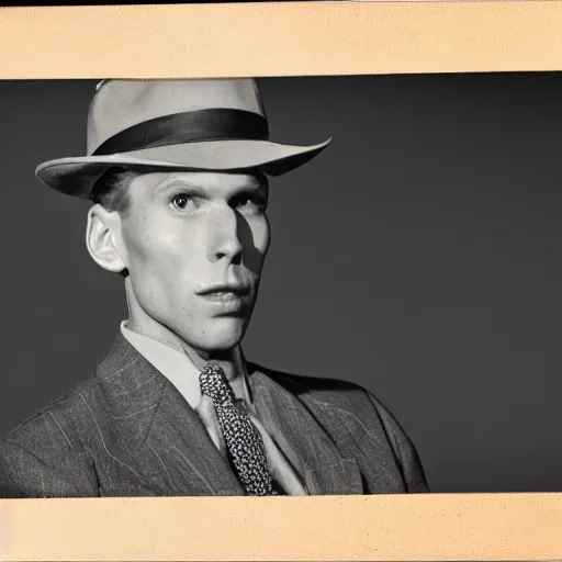 Image similar to A photograph portrait of Jerma985 wearing a suit with and fedora in the 1950s, taken in the early 1950s, grainy, taken on a 1950s Kodak Camera, realistic, hyperrealistic, very realistic, highly detailed, very detailed, extremely detailed, detailed, digital art, trending on artstation