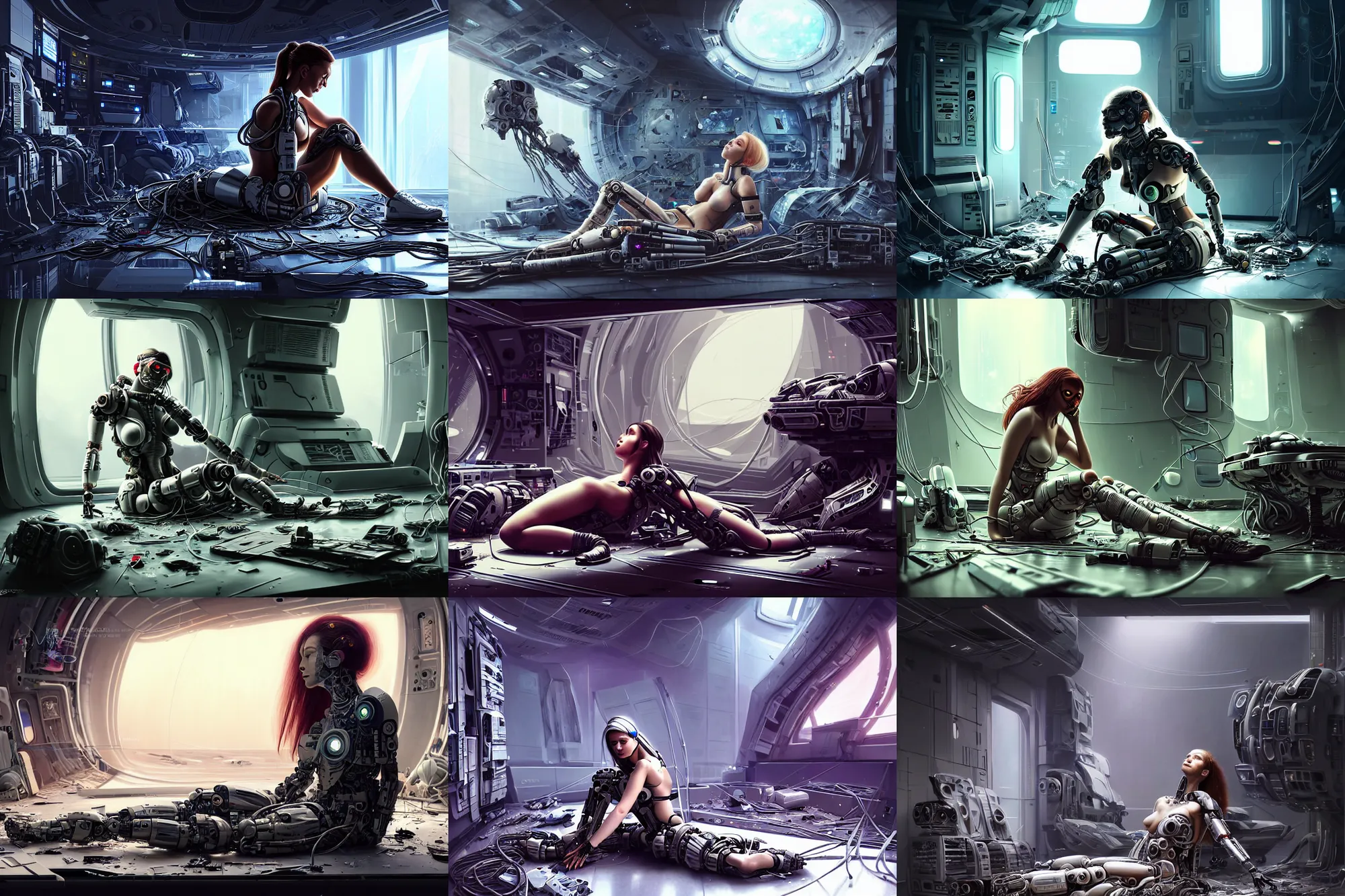 Prompt: Ultra realistic illustration, incredibly beautiful and alluring damaged female spec ops cyborg sitting on the floor of a crashed spaceship while being repaired in a futuristic super advanced military medical bay with cables hanging from ceiling, cables on floor, beautiful face, voluptuous body, beautiful alluring science observing, cyberpunk, sci-fi, fantasy, intricate, elegant, highly detailed, digital painting, artstation, concept art, smooth, sharp focus, illustration, dramatic lighting, art by artgerm and greg rutkowski and alphonse mucha