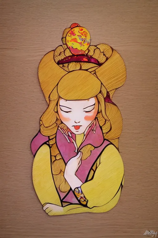 Image similar to princess peach painted on wood by audrey kawasaki