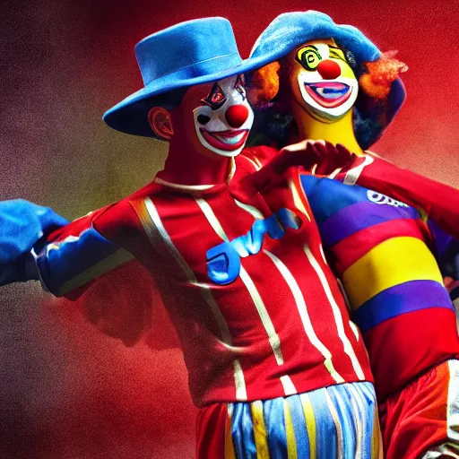 Prompt: clowns playing for man united, photorealistic, dramatic, 4 k, sharp focus