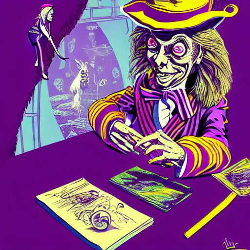 Prompt: graphic illustration, creative design, alice in wonderland with willy wonka, biopunk, francis bacon, highly detailed, hunter s thompson, concept art