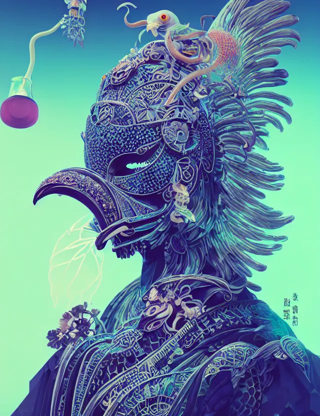 Image similar to 3 d goddess close - up profile solarpunk portrait ram skull. beautiful intricately detailed japanese crow kitsune mask and clasical japanese kimono. betta fish, jellyfish phoenix, bio luminescent, plasma, ice, water, wind, creature, artwork by tooth wu and wlop and beeple and greg rutkowski