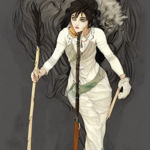 Image similar to detailed picture a woman with gray hear, using dead lion costume jacket, and holding long stick in the style of artgerm and greg rutkowski and alphonse mucha