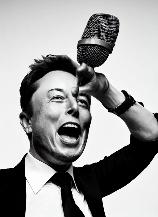 Image similar to Portrait of Elon musk wearing a suit, screaming into an old microphone . Black and white, high contrast