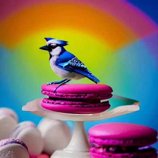 Image similar to A photograph of a (photorealistic blue jay) standing on a large basket of rainbow macarons.